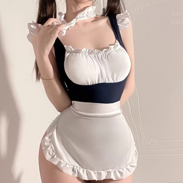 Sexy womens maid costume set featuring a white bodysuit with ruffles, black accents, and bells, ideal for small bust enhancem...