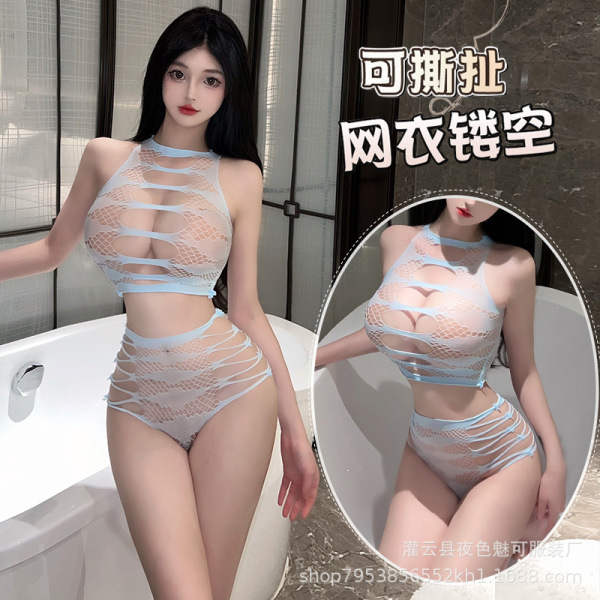 Womens sheer mesh bodysuit with ripped lace cut-outs, tight-fit design, and erotic lingerie style for intimate wear.