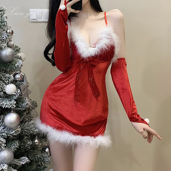 Sexy red christmas-themed lingerie set with fluffy white trim and bow detail, perfect for role play and festive bedroom outfi...