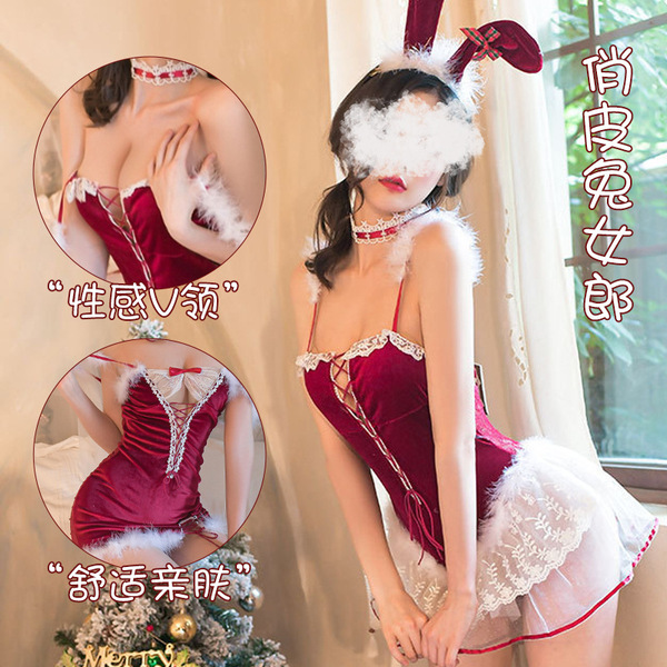 Sexy velvet embroidered lace bunny girl outfit for women, new year-themed ，