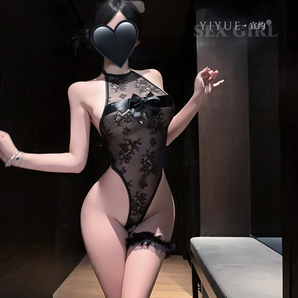 Woman modeling yiyue french-style lace bodysuit with sheer floral pattern, bow detail, and garter straps in elegant nightwear...