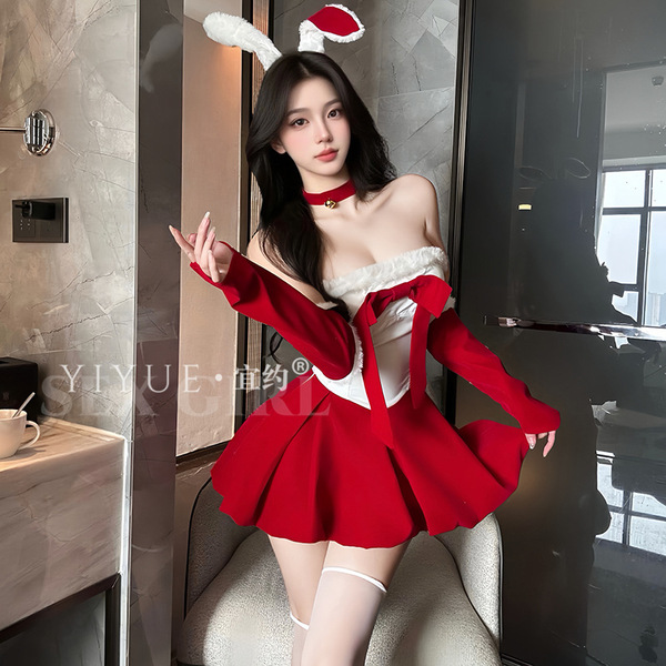 Sexy pure-allure new year uniform christmas costume cosplay bunny girl bodysuit skirt set featuring a festive red and white d...