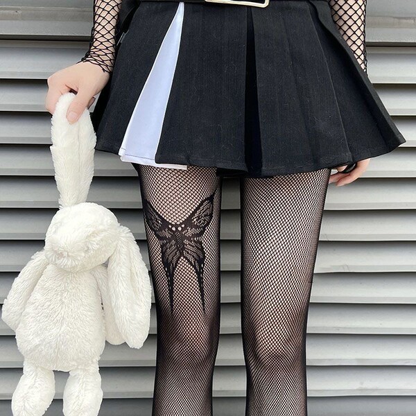 Genuine yun sexy black & white butterfly pantyhose featuring a bold butterfly design on mesh stockings, perfect for a punk lo...