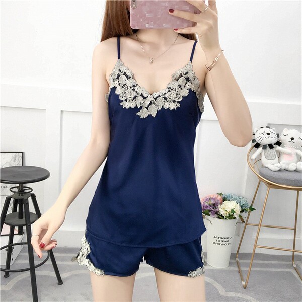 Summer embroidered lace womens silk-look cami shorts two-piece sleepwear set for home & lounging