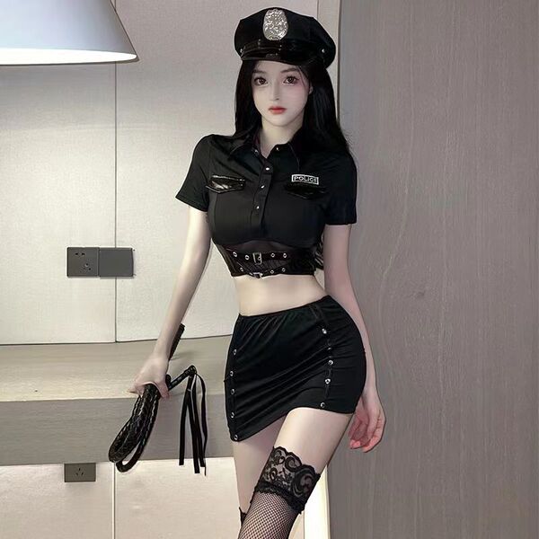 Woman in black police uniform lingerie set with short skirt, cap, and whip for naughty officer role play.