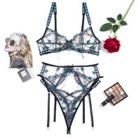 Embroidered Garter Belt Set with Steel Ring - Sexy Women's 3-Piece Lingerie Outfit,Europe and America-Style Split Design thumbnail