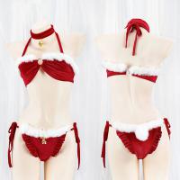 Festive Christmas Plush Trim Bikini Set - Tie-Front Halter Sexy 3-Piece Lingerie Gift for New Year thumbnail