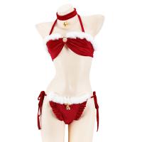 Festive Christmas Plush Trim Bikini Set - Tie-Front Halter Sexy 3-Piece Lingerie Gift for New Year thumbnail