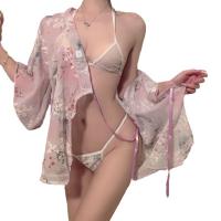 Japanese Kimono-Style Embroidered Lace Sleepwear Set - Sheer Sexy 3-Piece Lingerie Outfit thumbnail