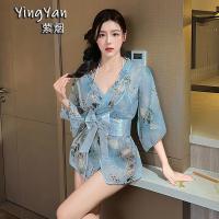 Japanese-Style Lace Kimono Set - Sexy Bow-Tie Sheer Robe & Matching 3-Piece Outfit for Women thumbnail