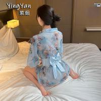 Japanese-Style Lace Kimono Set - Sexy Bow-Tie Sheer Robe & Matching 3-Piece Outfit for Women thumbnail