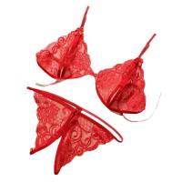 Lace Sexy Bikini Set with Open-Crotch Thong - Romantic Lingerie Sleepwear for Women, Plus Size 3-Piece Gift Set thumbnail