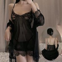 Plus Size Sexy Deep V Lace Sleep Set - Transparent Mesh Babydoll & Thong, Naughty Uniform-Inspired 3-Piece Lingerie Outf thumbnail