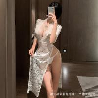 Doliya Sexy Deep V Lace Sheer Long Dress - Seductive High-Slit Bodycon Costume Lingerie Sleepwear for Women thumbnail