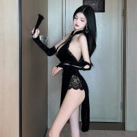  Vintage Chinese-Style Lingerie Set - High-Slit Cheongsam Sleepwear with Deep V & Peekaboo Bust, Retro Republican-Inspir thumbnail