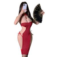 Night Mystique Lace Cut-Out Cheongsam Sleepwear Set - Sexy High-Slit Long Dress with Ties thumbnail