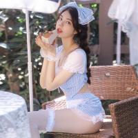 Blue Grid Maid Costume - Seductive Lingerie Set with Open-Crotch Design for Role Play & Bedroom Fun thumbnail