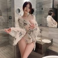 Butterfly Print Sheer Deep V Kimono Robe Set - No-Remove Sensual Lingerie Sleepwear thumbnail