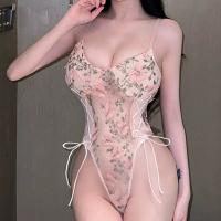 Cherry Blossom Lace Bodysuit - Elegant Heavy Embroidery Mesh Camisole, Sexy Deep V Plunge Lingerie for Layering or Outer thumbnail