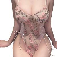 Cherry Blossom Lace Bodysuit - Elegant Heavy Embroidery Mesh Camisole, Sexy Deep V Plunge Lingerie for Layering or Outer thumbnail