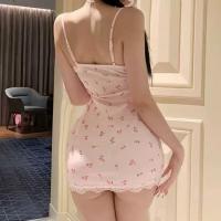 Cherry Blossom Lace Sleepwear Set - Pink Floral Short Sleeve Babydoll Nightgown with Sexy Thin Straps thumbnail