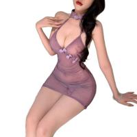 Cherry Blossom Lingerie Set - Sexy Backless Sheer Cheongsam Sleepwear, No-Remove Peekaboo Bra Nightgown thumbnail