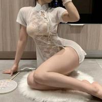Cherry Blossom Lingerie Set - Sexy Lace Bare-Butt Qipao Sleepwear, Sheer Vintage-Inspired Bedroom Outfit thumbnail