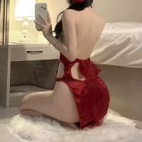 Cherry Romance Lingerie Set - Black Sheer Stockings, Push-Up Bra, High-Slit Cheongsam Style Costume for Women thumbnail
