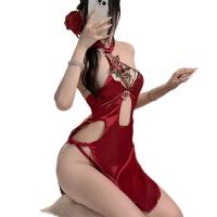 Cherry Romance Lingerie Set - Black Sheer Stockings, Push-Up Bra, High-Slit Cheongsam Style Costume for Women thumbnail