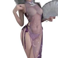 Cherry Romance Purple High-Slit Cheongsam Lingerie - Sheer Seductive Sleepwear for Intimate Moments thumbnail