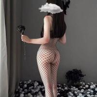 Cherry Romance Sheer Mesh Bodysuit for Women - Open-Crotch Transparent Lingerie with Wrapped Bust & Full-Body Net Stocki thumbnail