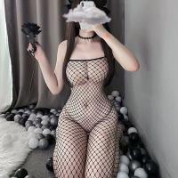 Cherry Romance Sheer Mesh Bodysuit for Women - Open-Crotch Transparent Lingerie with Wrapped Bust & Full-Body Net Stocki thumbnail