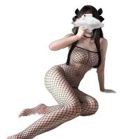 Cherry Romance Sheer Mesh Bodysuit for Women - Open-Crotch Transparent Lingerie with Wrapped Bust & Full-Body Net Stocki thumbnail