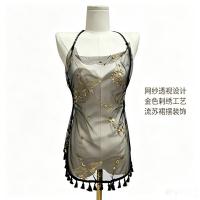 Chinese-Style Gold-Foil Crane Sleep Dress - Sexy Backless Sheer Lace Babydoll with Tassel Straps & Embroidered Crane Mot thumbnail
