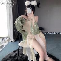New Chinese-Inspired Silk-Look Chemise Set - Vintage Floral Lace Sleepwear, Seductive No-Remove Design thumbnail