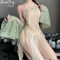 New Chinese-Inspired Silk-Look Chemise Set - Vintage Floral Lace Sleepwear, Seductive No-Remove Design thumbnail