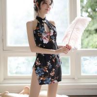 New Chinese Style Qipao Lingerie Set - Floral Halter Bodysuit Sleep Dress, Retro Sexy Modernized Design thumbnail
