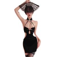 Chinese-Style Sensual Lingerie Dress - High-Slit Modified Cheongsam with Backless Halter & Embroidered Role Play Outfit thumbnail