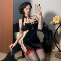 Chinese-Style Sexy Lingerie Set - Elegant Modified Cheongsam with High Slit, Backless & Embroidered Halter Top thumbnail