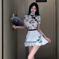 Chinese New Year Sexy Lace Cheongsam Dress - Red Silk-Inspired Bodycon Qipao Mini Dress for Live Streaming thumbnail