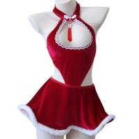 Christmas Naughty Lingerie Set for Couples - Cozy Fuzzy Winter Holiday Sleepwear with Tassels, Matching Outfit thumbnail