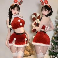Christmas-Themed Lingerie Set – Halter Backless Velvet & Faux Fur Crop Top + Slim-Fit Pencil Skirt Holiday Outfit thumbnail