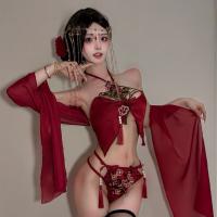 Classical Chinese Doudou Lingerie Set - Embroidered Lace Bodice with Tassels & Sheer Mesh Wrap thumbnail