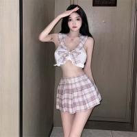 Cute Plaid JK Skirt Outfit - Schoolgirl Style Summer Lace-Up Hollow Student Uniform Dress thumbnail