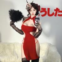 Drunk Cellar Red Silk Velvet High-Slit Cheongsam Lingerie for Women - Seductive Chinese-Style Costume Outfit thumbnail