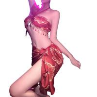 Dunhuang Flying Apsara Lingerie Set - Sheer Hanfu-Inspired Gold-Embossed Bustier & Skirt, Plus Size Exotic Costume thumbnail