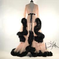 Elegant Feather Sleeve Runway Gown Sleepwear Set - Sheer Luxe Rabbit Fur Look Dress with Dramatic Train thumbnail