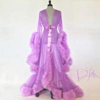 Elegant Feather Sleeve Runway Gown Sleepwear Set - Sheer Luxe Rabbit Fur Look Dress with Dramatic Train thumbnail