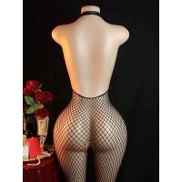 Euro-American Neck Strap Backless Lingerie - Sheer Mesh Black Fishnet Bodysuit with Open-Crotch Design thumbnail