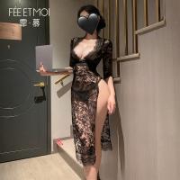 Feimu Deep V-Neck Sheer Lace Bodycon Nightgown - Seductive High-Slit Bare-Butt Erotic Lingerie thumbnail